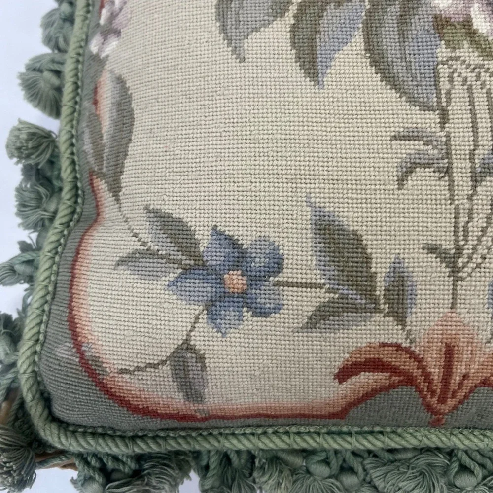 VTG Aubusson Tapestry Rose Green Fringe Needlepoint Feather Down Country Pillow